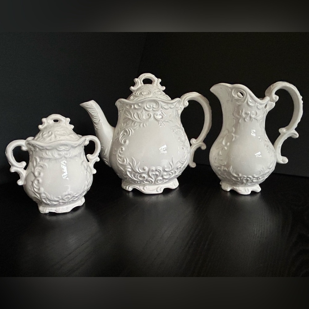 Vintage Japan Import Napco White Provincial Tea Set Teapot Creamer Sugar Bowl